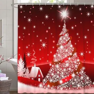 Famanu Duschvorhang Weihnachtsmotiv mit Schnee und Tannenbaum - Rot, 180x200cm