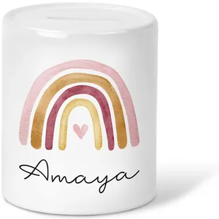 Personalisierte Kinder Spardose Regenbogen Aquarell mit Namen Wunschname und Datum -Geschenk für Jungen & Mädchen zum Geburtstag Weihnachten (Regenbogen 08)