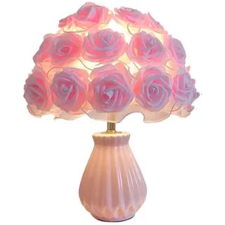 GUANSHAN Rosa Gaze-Rosen-Tischlampe mit rosa Keramikvasensockel, romantische Blumen-Nachttischlampe, Hochzeitsdeko für Schlafzimmer und Wohnzimmer