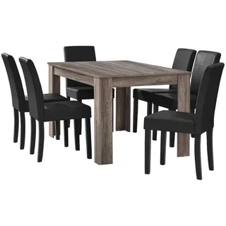 [en.casa] Esstisch Eiche antik mit 6 Stühlen schwarz Kunstleder gepolstert 140x90 Essgruppe Esszimmer /