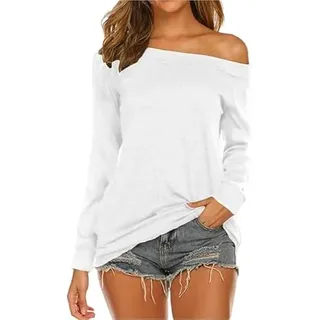 Rongseng Langarmshirt Damen Schulterfrei Oberteil Elegant Langarm Top Sexy Off Shoulder Pullover Casual Longshirt Bluse Tunika Trendy Tshirt Sweatshirt - S