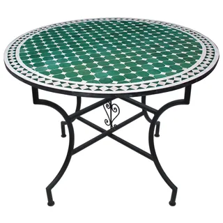 Saharashop Handmade Mosaiktisch Fliesentisch Rund Ø 100 cm Grün Gartentisch Esstisch Balkontisch Terrassentisch Mediterraner Orientalischer