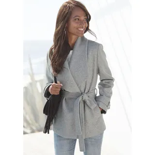 Kurzjacke LASCANA Gr. 40, grau (grau meliert) Damen Jacken Kurze mit Bindegürtel und Reverskragen, eleganter Kurzmantel