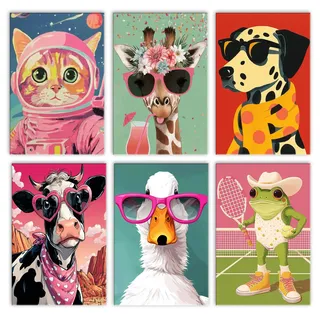 Walarky Lustige Tiere, Malen nach Zahlen, Erwachsene, 6 Stück, Graffiti, Katze, Giraffe, Ochse, Hund, Frosch, Huhn, mit Brille, digitales Ölgemälde, rahmenlos