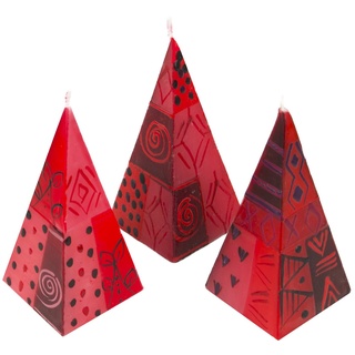 Afrika-Deko Formkerze 3er Set afrikanische Pyramidenkerzen (Spar-Set, 3 Kerzen), Afrika-Deko 3er Kerzenset handbemalte Pyramidenkerzen aus Afrika handgefertigte afrikanische Pyramiden Kerze in verschiedene Designs rot