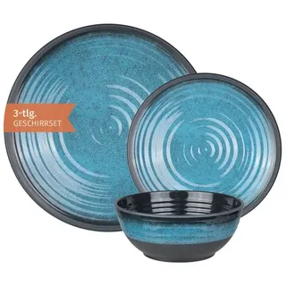 Moritz Geschirr-Set Camping Geschirr Stone Blue 3-teilig, Melamin, 3 tlg, Geschirrset Campinggeschirr Picknick Geschirr Bootsgeschirr blau|weiß