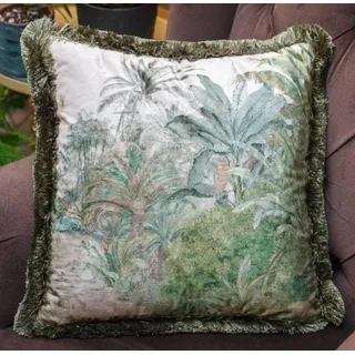 Casa Padrino Luxus Deko Kissen Palmen Landschaft Creme / Grün 45 x 45 cm - Bedrucktes Samt Kissen mit Fransen - Wohnzimmer Deko Accessoires
