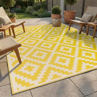 FH Home Outdoor Camping-Teppich - wasserfest, farbecht, wendbar - recycelter Premium-Kunststoff - Geometrisch - Terrasse, Veranda, Wintergarten, Wohnmobil – Aztec - Gelb & Weiß - 270 x 360 faltbar