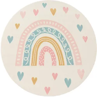 Paco Home Kinderteppich Nino 887, rund, Höhe: 13 mm, Kurzflor, Spielteppich, Motiv Regenbogen & Herzen, Kinderzimmer beige Ø 120 cm x 13 mm