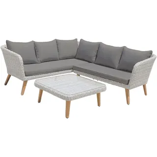 Gardenson Loungegarnitur, Hellbraun, Dunkelgrau, Grau, Holz, Metall, Kunststoff, Glas, Akazie, Hartholz, Füllung: Polyester, L-Form, 180x75x294 cm, geeignet für Balkon, Tisch mit Glasplatte, wetterbeständig, UV-beständig, regenabweisend, Loungemöbel, Gartenlounge-Sets