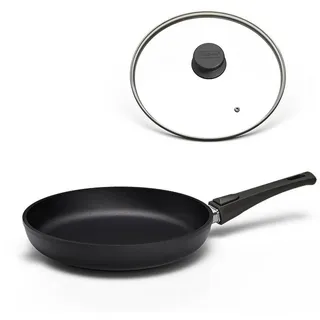 Hoffmann Germany Bratpfanne STONIQ PFAS-frei Ø 28 cm Aluguss Pfanne Induktion – Made in Germany, Aluguss (Set, 2-tlg., 1x Bratpfanne Ø 28 cm + 1x Deckel), abnehmbarer Griff, backofenfest 300°C, spülmaschinengeeignet, 1,4 l schwarz Ø 28 cm