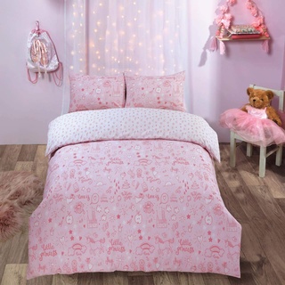 DREAMSCENE Einhorn-Schloss-Bettbezug mit Kissenbezug, wendbar, kleine Prinzessin, Regenbogen, Kinder-Bettwäsche-Set, Blush Pink Weiß, Einzelbett