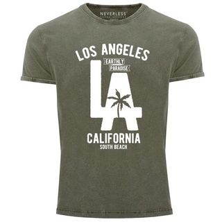 Neverless Print-Shirt Cooles Angesagtes Herren T-Shirt Vintage Shirt LA Los Angeles California Aufdruck Used Look Slim Fit Neverless® mit Print grün L