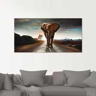 Glasbild ARTLAND "Ein Elefant läuft auf der Straße", braun (farbe bild(er): braun), B:100cm H:50cm, Bilder, in verschiedenen Größen