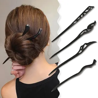 4pcs Holz Haarstäbchen, schwarz | Vintage chinesische Chignon Haar Essstäbchen, Bun Maker Haare Gabeln für Frauen Mädchen