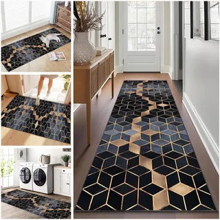 Teppich läufer Flur rutschfest Küchenteppich Waschbar 80 x 180 cm Korridor Teppich Lang Fußmatte Flurteppich Modern Küchenläufer Läufer für Eingang Flur Küche Bettvorleger Schlafzimmer Wohnzimmer