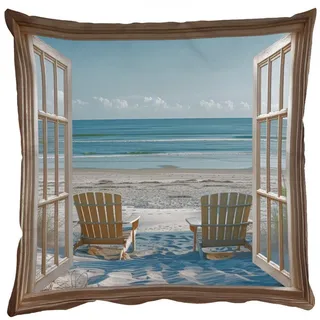 MuchoWow Dekokissen Durchsichtig - Strandkörbe - Dünen - Meer - Natur, Zierkissen mit Kissenfüllung, Deko, Sofakissen, 50x50 cm beige|blau 50 cm x 15 cm x 50 cm