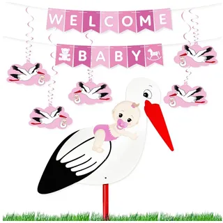 BRUBAKER Girlande Welcome Baby Girlande + Großer Storch aus Holz für Jungen und Mädchen, Baby Deko Set - Wimpelkette mit Anhängern und Klapperstorch Dekoration rosa