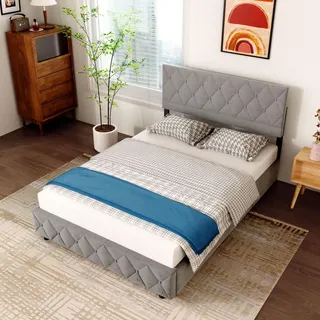 okwish Boxspringbett Polsterbett 140 x 200 cm mit Kopfteil in Knopfnahtverzierung, Hydraulisches Stauraumbett mit Bettkasten Stauraum,  Doppelbett ... - Hellgrau