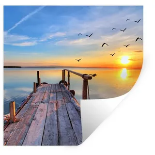 MuchoWow Wandsticker Wasser - Steg - Vögel - Sonnenuntergang - Horizont (1 St), Wandaufkleber, Selbstklebend, Wohnzimmer, 120x120 cm bunt 120 cm x 120 cm x 0.1 cm