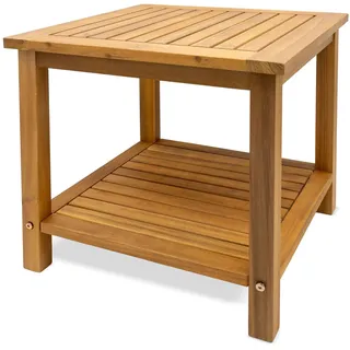Spetebo Akazien Beistelltisch geölt 45 x 45 cm | Holz Gartentisch, 2 Ablagen, Akazienholz, für Balkon Terrasse Garten