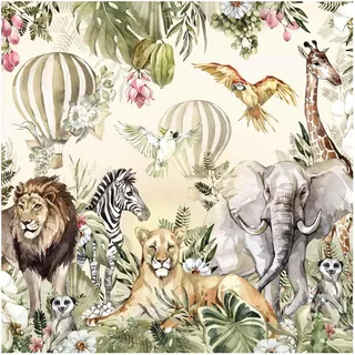 Bilderwelten Fototapete Kinderzimmer Aquarell Savannen Tiere 240 x 240 cm Vlies-Tapete XXL Smart Wandtapete Wanddekoration Kindertapete