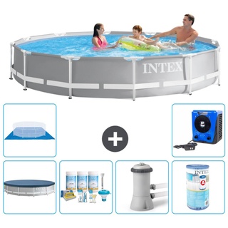 Intex Pool mit rundem Prismenrahmen – 366 x 76 cm – Grau – im Lieferumfang enthalten Abdeckung - Wartungspaket - Filterpumpe für Schwimmbad ...