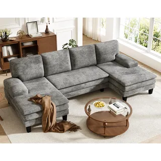 Txtin's Sofa U-Form, 4-Sitzer Ecksofa mit Chaise Longue, Chenille EckCouch mit Schlaffunktion, Big Sofa für Wohnzimmer, 279 x 114 x 80 cm, Grau