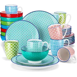 Tafelservice porzellan, vancasso Tafelservice bunt, MACARON 32 teilig Geschirrset, mit je 8 Speiseteller, Dessertteller, Müslischalen und Kaffeebecher für 8 Personen