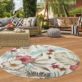 Teppich-Traum Teppich In- und Outdoorteppich rund Terrasse Balkon Garten Blätter im Jute-Look bunt 120 cm Durchmesser