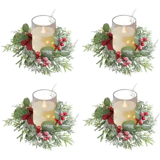 Weihnachts Kerzenring, 4 Stück Weihnachtskerzen Ringe mit Künstliche Eukalyptus, Schleifen, Beerenkranz Weihnachtskranz Adventskranz Kerzengirlande Kerzenkranz für Stumpenkerzen, Weihnachten Tischdeko