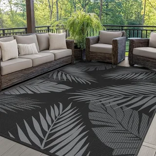 GENIMO Outdoor Teppich Wetterfest 120x180cm Plastik-Strohhalm Matte | Waschbarer, Balkon Teppich mit botanischem Blattmuster für Camping, Garten, Wohnmobil, Terrasse Hinterhof – Schwarz Grau