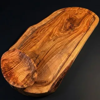 What the Art!® Olive Wood «Rustic» Gr. L | Olivenholz Schneidebrett + Dip-Schälchen | Handarbeit | ca. 36-39 x 17-23 x 2 cm | Käsebrett - Hackbrett - Tranchierbrett - Servierbrett