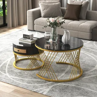 2 In 1 Runder Couchtisch Aus Mdf, Beistelltisch Mit Tischplatte Aus Marmor Und Schubladen Aus Kunststoff-rattan, Griffe Aus Massivholz. Goldene Eisenfüße. 707045,5+505038,5cm