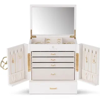 VLANDO Schmuckkasten Groß, Französisches Schmuckkästchen 6 Ebenen, Schmuck Organizers Groß XXL mit Spiegel, Schubladen, Schmuckaufbewahrung Damen, Schmuckschatulle für Ohrring, Ketten, Uhren