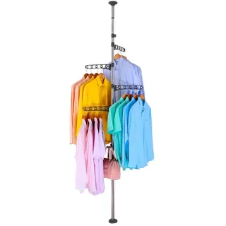 BAOYOUNI 4-Tier Stehend Wäscheständer kleiderständer Teleskopstange Kleiderbügel Organizer Boden bis zur Decke Höhenverstellbar Metall Teleskop Eckspannung Pole Hängendes Regal, Grau