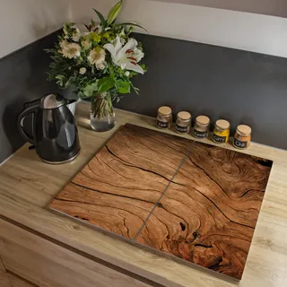 banjado Herdabdeckplatte Glas 2-teilig 60x52cm - Schneidebrett Herdabdeckung - Herdabdeckplatten Ceranfeld 2-teilig - Schneidebrett Glas - Motiv Trockenes Holz