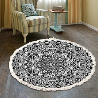 Vintage Boho Baumwolle Teppiche Mandala Muster Waschbar Handgewebte Böhmische Runder Teppich mit Quasten für Schlafzimmer Flur Wohnzimmer Couchtisch Fußmatten,Waschmaschinenfest,60CM Blumen #30