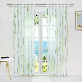 ESLIR Gardinen mit Schlaufen Vorhänge Gardinenschals Transparent Schlaufenschal Wellen Muster Voile Grün BxH 140x145cm 1 Stück