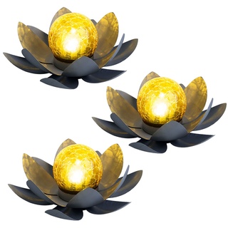 Asia Garten Lotusblüte Deko Solar Lotusblüte für Außen Gartenleuchte Deko Leuchten, Crackle Glas Metallblätter grau, 1x LED, D 25 cm, 3er Set