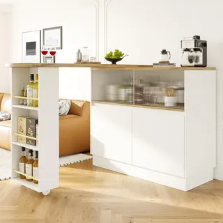 ModernLuxe 360°Drehbares Sideboard Stehtisch mit Ablageflächen und Glasschiebetür, Moderner ESS- & Barschrank 90x45x100cm, Küchenregal mit Stauraum, Weiß + Holzoptik, für Küche & Esszimmer