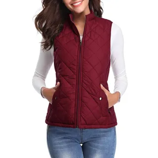 fuinloth Damen Weste, Herbst Leichte Steppweste Westen Ärmellos Jacke Kurz Vest Gilet Wein Rot XS - XS