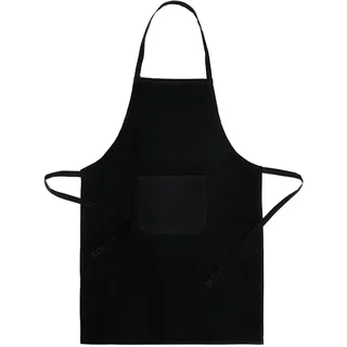 Schürze mit Tasche, verstellbaren Bändern an der Taille und Schnitt unterhalb des Knies. Schwarz