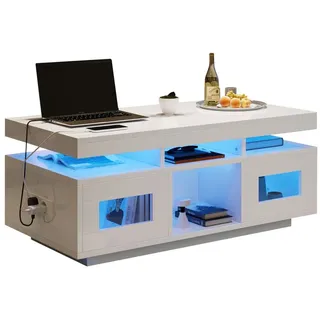 BlingBin Couchtisch Hochglanz-Kaffeetisch, Wohnzimmertisch mit Schrank, Teetisch (Wohnzimmermöbel mit per mobiler App steuerbaren LED-Leuchten, Spanplatte, 1-St., Größe: 100×50×43 cm, Tragfähigkeit: 50kg), Sofatisch mit Ladeanschluss und Steckdose für Arbeitszimmer, Weiß weiß