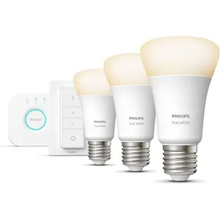 Philips Hue White Starter-Set: 3 smarte Lampen E27 (800) + Dimmschalter, Set für intelligente Beleuchtung, Bluetooth/Zigbee, Weiß, 0 - 12 m, LED,...