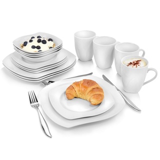 SÄNGER | Kombiservice Avalon in Weiß, 16-teiliges Geschirrset für 4 Personen, Teller, Schalen & Tassen aus Porzellan
