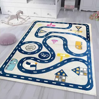 Spielteppich Kinderteppich Straße Auto Verkehr | Teppich für Kinderzimmer | Verschiedene Farbvarianten, Farbe:Blue, Maße:80x150 cm