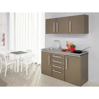 Stengel Küchenzeile 150 cm Single Küche mit Kühlschrank und Schubladen-Unterbau, Küchenblock mit E Geräten braun