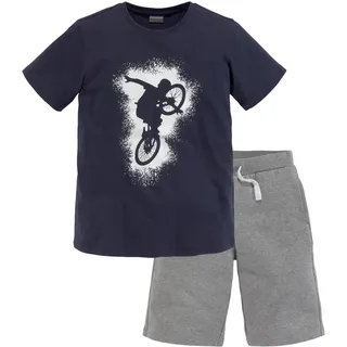 Shirt & Shorts KIDSWORLD "2tlg. Set T-Shirt + Sweatshorts", Jungen, Gr. 152/158, blau (marine, graum), Jersey, Obermaterial: 100% Baumwolle. Obermaterial Hose: 85% Baumwolle, 15% Viskose, bedruckt, KOB Set-Artikel, BIKER-Druck, jedes Teil einzeln tragbar