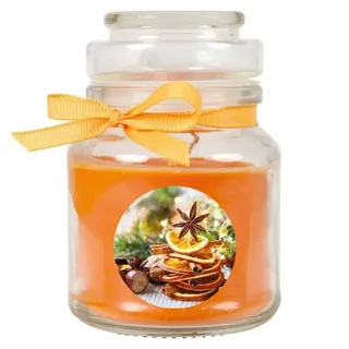 HS Candle Duftkerze (Dekokerze, 1-tlg), Weihnachten - Kerze im Bonbon Glas, Kerze mit Weihnachts - Motiv orange Ø 7 cm x 7 cm x 10 cm x 7 cm
